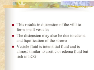  This results in distension of the villi to
form small vesicles
 The distension may also be due to edema
and liquification of the stroma
 Vesicle fluid is interstitial fluid and is
almost similar to ascitic or edema fluid but
rich in hCG
 