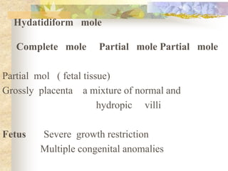 Hydatidiform mole
Complete mole Partial mole Partial mole
Partial mol ( fetal tissue)
Grossly placenta a mixture of normal and
hydropic villi
Fetus Severe growth restriction
Multiple congenital anomalies
 