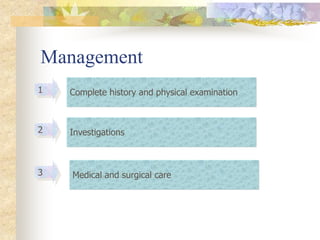 Management
Complete history and physical examination
Investigations
Medical and surgical care
1
3
2
 