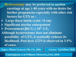 Hysterectomy may be preferred to suction
curettage at age ≥ 40 years with no desire for
further pregnancies especially with other risk
factors for GTN as :
 Large theca lutein cysts( >6 cm)
 Significant uterine enlargement
 Pretreatment βhCG ≥ 105 U/L.
Although hysterectomy does not eliminate
possibility of GTN, it markedly reduces its
likelihood. Post hyst. GTN is observed in 3-5%
of cases.
Garner UpToDate 2010Soper. Obstet Gynecol 108:176, 2006
Cunningham et al,Williams Obstetrics,23rd ,2010
 
