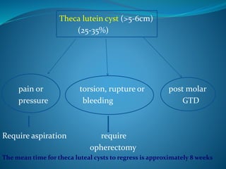 Theca lutein cyst (>5-6cm)
(25-35%)
pain or torsion, rupture or post molar
pressure bleeding GTD
Require aspiration require
opherectomy
The mean time for theca luteal cysts to regress is approximately 8 weeks
 