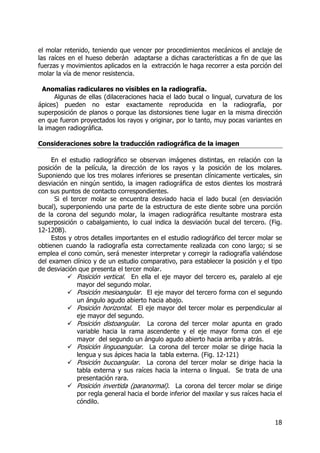 18
el molar retenido, teniendo que vencer por procedimientos mecánicos el anclaje de
las raíces en el hueso deberán adaptarse a dichas características a fin de que las
fuerzas y movimientos aplicados en la extracción le haga recorrer a esta porción del
molar la vía de menor resistencia.
Anomalías radiculares no visibles en la radiografía.
Algunas de ellas (dilaceraciones hacia el lado bucal o lingual, curvatura de los
ápices) pueden no estar exactamente reproducida en la radiografía, por
superposición de planos o porque las distorsiones tiene lugar en la misma dirección
en que fueron proyectados los rayos y originar, por lo tanto, muy pocas variantes en
la imagen radiográfica.
Consideraciones sobre la traducción radiográfica de la imagen
En el estudio radiográfico se observan imágenes distintas, en relación con la
posición de la película, la dirección de los rayos y la posición de los molares.
Suponiendo que los tres molares inferiores se presentan clínicamente verticales, sin
desviación en ningún sentido, la imagen radiográfica de estos dientes los mostrará
con sus puntos de contacto correspondientes.
Si el tercer molar se encuentra desviado hacia el lado bucal (en desviación
bucal), superponiendo una parte de la estructura de este diente sobre una porción
de la corona del segundo molar, la imagen radiográfica resultante mostrara esta
superposición o cabalgamiento, lo cual indica la desviación bucal del tercero. (Fig.
12-120B).
Estos y otros detalles importantes en el estudio radiográfico del tercer molar se
obtienen cuando la radiografía esta correctamente realizada con cono largo; si se
emplea el cono común, será menester interpretar y corregir la radiografía valiéndose
del examen clínico y de un estudio comparativo, para establecer la posición y el tipo
de desviación que presenta el tercer molar.
Posición vertical. En ella el eje mayor del tercero es, paralelo al eje
mayor del segundo molar.
Posición mesioangular. El eje mayor del tercero forma con el segundo
un ángulo agudo abierto hacia abajo.
Posición horizontal. El eje mayor del tercer molar es perpendicular al
eje mayor del segundo.
Posición distoangular. La corona del tercer molar apunta en grado
variable hacia la rama ascendente y el eje mayor forma con el eje
mayor del segundo un ángulo agudo abierto hacia arriba y atrás.
Posición linguoangular. La corona del tercer molar se dirige hacia la
lengua y sus ápices hacia la tabla externa. (Fig. 12-121)
Posición bucoangular. La corona del tercer molar se dirige hacia la
tabla externa y sus raíces hacia la interna o lingual. Se trata de una
presentación rara.
Posición invertida (paranormal). La corona del tercer molar se dirige
por regla general hacia el borde inferior del maxilar y sus raíces hacia el
cóndilo.
 