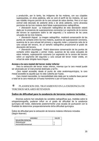 20
y producirán, por lo tanto, las imágenes de los molares, con sus cúspides
superpuestas, en otras palabras, sólo se verá el perfil de los molares, sin que
sea notable ninguna porción de la cara oclusal de estos dientes. Pero si el rayo
central está desviado de adelante atrás o de atrás adelante, como atraviesa
porciones de los tres molares dará falsas superposiciones radiográficas.
Desviación bucal. La traducción radiográfica de esta desviación estará
dada por la presencia de superposiciones coronarias (un segmento de la corona
del tercero se superpone sobre la del segundo) y la ausencia de las caras
oclusales de los tres molares.
Desviación lingual. La imagen radiográfica mostrará conservación de los
puntos de contacto entre los tres molares, ausencia de superposición coronaria,
ausencia de la cara oclusal del primero y segundo molar y presencia neta de la
cara oclusal del tercero, de un tamaño radiográfico proporcional al grado de
desviación del tercero.
Desviación bucolingual. Podrá observarse conservación de los puntos de
contacto entre segundo y primer molar, ausencia de las caras oclusales de
estos molares, superposición coronaria (un segmento de la corona del tercero
sobre un segmento del segundo) y cara oclusal del tercer molar visible, en
virtud de estar dirigida hacia lingual.
Acceso a la cara mesial del tercer molar inferior
Para la extracción del tercer molar inferior, interesa que la cara mesial puede
ser alcanzada por el instrumental destinado a tal fin.
Cara mesial accesible, desde el punto de vista anatomoquirúrgico, la cara
mesial accesible es aquella que no esta cubierta por hueso.
Cara mesial inaccesible, la inaccesibilidad esta dada por la cubierta ósea parcial
o total de la cara mesial por el hueso homónimo o por el hueso bucal.
PLANIFICION DEL TRATAMIENTO EN LA EXODONCIA DE
TERCEROS MOLARES RETENIDOS
Índice de dificultad para la exodoncia de terceros molares incluidos
Diversos autores han estudiado las variables radiográficas que, medidas sobre la
ortopantomografía, pudieran influir en el grado de dificultad de la exodoncia
quirúrgica del molar, elaborando posteriormente unas escalas de puntuación con la
finalidad de determinar preoperatoriamente dicha dificultad quirúrgica.
Índice de dificultad para la extracción de terceros molares inferiores incluidos
(Según Koerner)
VARIABLE VALOR
RELACIÓN ESPACIAL
Mesioangular
Horizontal/transversal
1
2
 