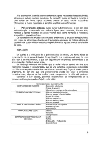 8
A la exploración, la encía aparece eritematosa pero recubierta de resto saburral,
alimentos o incluso exudado purulento. Su evolución puede ser hacia la curación o
bien cursar de forma rápida pudiendo afectar al tejido celular subcutáneo
(flemones), al hueso (osteítis) o a ganglios satélites (adenoflemones).
Pericoronaritis crónica; puede cursar subclínicamente o bien con poca
sintomatología, presentando una molestia ligera pero constante, trismus leve,
halitosis y ligeras molestias en zonas vecinas tales como faringitis a repetición,
amigdalitis o gingivitis crónica.
La exploración nos muestra una mucosa eritematosa y exudado seropurulento,
con restos de alimentos o huellas de traumatismo dentario. La historia clínica del
paciente nos puede indicar episodios de pericoronaritis agudas previos y mal sabor
de boca.
EVOLUCION
En cuanto a la evolución de la pericoronaritis se refiere, una forma típica de
presentación es en forma de brotes de agudización que remiten en el plazo de unos
días -con o sin tratamiento-, y que son seguidos por un período asintomático o de
leves molestias hasta el nuevo brote.
Sin embargo conviene no olvidar que el molar inferior asienta en una zona
ricamente inervada y vascularizada, que es una auténtica encrucijada comunicada
con diferentes espacios anatómicos que abarcan estructuras y órganos vitales para el
organismo. Es por ello que una pericoronaritis puede dar lugar a diferentes
complicaciones, algunas de las cuales puede comprometer la vida del paciente.
Siguiendo a Gay Escoda, podemos esquematizar las complicaciones de la
pericoronaritis según queda reflejado en la tabla:
Complicaciones de la pericoronaritis
COMPLICACIONES MUCOSAS Estomatitis odontiásica
Angina de Vincent
Ulceraciones mucosas peri y retromolares
COMPLICACIONES INFECCIOSAS Absceso buccinatorio-maxilar
Absceso supra e inframilohioideo
Angina de Ludwig
Absceso maseterino
Absceso periamigdalino
Absceso temporal
COMPLICACIONES GANGLIONARES Adenitis simple o congestiva
Adenitis supurada
Adenoflemón
COMPLICACIONES OSEAS Osteítis
Periostitis
Osteoperiostitis
COMPLICACIONES INFECCIOSAS A
DISTANCIA
Uveítis
Nefritis
Endocarditis - Mediastinitis
Infección focal
 