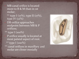 • MB canal orifice is located
more to B & M than in 1st
molar;
** type I (71%), type II (17%),
type IV (12%)
• DB orifice approaches
midpoint between MB & P
orifices;
** type I (100%)
• P orifice usually is located at
most palatal aspect of root.
** type I (100%)
** canal orifices in maxillary 2nd
molar are closer mesially
20
 