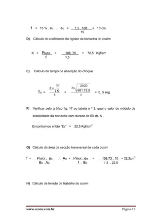 www.cenne.com.br Página 13
f = 15 % . eo  eo = 1,5 . 100 = 10 cm
15
D) Cálculo do coeficiente de rigidez da borracha do coxim
K = PMAX = 108, 75 = 72,5 Kgf/cm
f 1,5
E) Cálculo do tempo de absorção do choque
Ta =
4
K
m
.2.
=
4
.2
981.72,5
2500

= 0, 3 seg
F) Verificar pelo gráfico fig. 17 ou tabela n º 3, qual o valor do módulo de
elasticidade da borracha com dureza de 50 sh. A .
Encontramos então “Ec” = 22,5 Kgf/cm2
G) Cálculo da área da secção transversal de cada coxim
f = PMAX . eo  Ao = PMAX . eo = 108,73 . 10 = 32,3cm2
Ec . Ao f . Ec 1,5 . 22,5
H) Cálculo da tensão de trabalho do coxim
 
