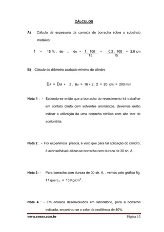 www.cenne.com.br Página 15
CÁLCULOS
A) Cálculo da espessura da camada de borracha sobre o substrato
metálico:
f = 15 % . eo  eo = f . 100 = 0,3 . 100 = 2,0 cm
15 15
B) Cálculo do diâmetro acabado mínimo do cilindro
DA = DM + 2 . eo = 16 + 2 . 2 = 20 cm = 200 mm
Nota 1 : - Sabendo-se então que a borracha do revestimento irá trabalhar
em contato direto com solventes aromáticos, devemos então
indicar a utilização de uma borracha nitrílica com alto teor de
acrilonitrila.
Nota 2 : - Por experiência prática, é visto que para tal aplicação do cilindro,
é aconselhável utilizar-se borracha com dureza de 30 sh. A .
Nota 3 : - Para borracha com dureza de 30 sh. A. , vemos pelo gráfico fig.
17 que Ec = 10 Kg/cm2
.
Nota 4 : - Em ensaios desenvolvidos em laboratório, para a borracha
indicada, encontrou-se o valor da resiliência de 40%.
 
