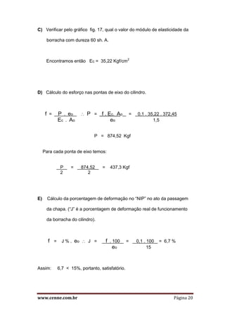 www.cenne.com.br Página 20
C) Verificar pelo gráfico fig. 17, qual o valor do módulo de elasticidade da
borracha com dureza 60 sh. A.
Encontramos então Ec = 35,22 Kgf/cm2
D) Cálculo do esforço nas pontas de eixo do cilindro.
f = P . eo  P = f . Ec. Ao = 0,1 . 35,22 . 372,45
Ec . Ao eo 1,5
P = 874,52 Kgf
Para cada ponta de eixo temos:
P = 874,52 = 437,3 Kgf
2 2
E) Cálculo da porcentagem de deformação no “NIP” no ato da passagem
da chapa. (“J” é a porcentagem de deformação real de funcionamento
da borracha do cilindro).
f = J % . eo  J = f . 100 = 0,1 . 100 = 6,7 %
eo 15
Assim: 6,7 < 15%, portanto, satisfatório.
 