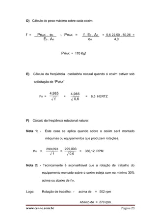 www.cenne.com.br Página 23
D) Cálculo do peso máximo sobre cada coxim
f = PMAX . eo  PMAX = f . Ec . Ao = 0,6 22,50 . 50,26 =
Ec . Ao eo 4,0
PMAX = 170 Kgf
E) Cálculo da freqüência oscilatória natural quando o coxim estiver sob
solicitação de “PMAX”
Fn =
f
4,985
=
0,6
4,985
= 6,5 HERTZ
F) Cálculo da freqüência rotacional natural
Nota 1: - Este caso se aplica quando sobre o coxim será montado
máquinas ou equipamentos que produzem rotações.
nn =
f
299,093
=
0,6
299,093
= 386,12 RPM
Nota 2: - Tecnicamente é aconselhável que a rotação de trabalho do
equipamento montado sobre o coxim esteja com no mínimo 30%
acima ou abaixo de nn.
Logo: Rotação de trabalho: - acima de = 502 rpm
Abaixo de = 270 rpm
 