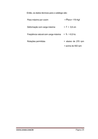 www.cenne.com.br Página 24
Então, os dados técnicos para o catálogo são:
Peso máximo por coxim = PMAX= 170 Kgf
Deformação com carga máxima = f = 0,6 cm
Freqüência natural com carga máxima = fn = 6,5 hz
Rotações permitidas = abaixo de 270 rpm
= acima de 502 rpm
 