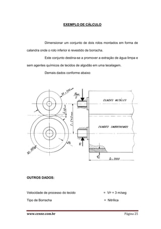 www.cenne.com.br Página 25
EXEMPLO DE CÁLCULO
Dimensionar um conjunto de dois rolos montados em forma de
calandra onde o rolo inferior é revestido de borracha.
Este conjunto destina-se a promover a extração de água limpa e
sem agentes químicos de tecidos de algodão em uma tecelagem.
Demais dados conforme abaixo
OUTROS DADOS:
Velocidade de processo do tecido = VP = 3 m/seg
Tipo de Borracha = Nitrílica
 