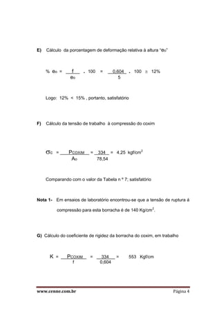 www.cenne.com.br Página 4
E) Cálculo da porcentagem de deformação relativa à altura “eo”
% eo = f . . 100 = 0,604 . 100  12%
eo 5
Logo: 12% < 15% , portanto, satisfatório
F) Cálculo da tensão de trabalho à compressão do coxim
c = PCOXIM = 334 = 4,25 kgf/cm2
Ao 78,54
Comparando com o valor da Tabela n º 7; satisfatório
Nota 1- Em ensaios de laboratório encontrou-se que a tensão de ruptura á
compressão para esta borracha é de 140 Kg/cm2
.
G) Cálculo do coeficiente de rigidez da borracha do coxim, em trabalho
K = PCOXIM = 334 = 553 Kgf/cm
f 0,604
 