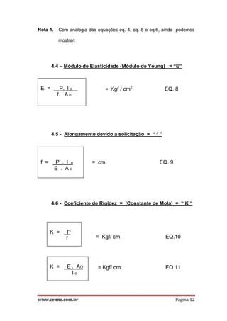 www.cenne.com.br Página 12
Nota 1. Com analogia das equações eq. 4; eq. 5 e eq.6, ainda podemos
mostrar:
4.4 – Módulo de Elasticidade (Módulo de Young) = “E”
= Kgf / cm2
EQ. 8
4.5 - Alongamento devido a solicitação = “ f ”
= cm EQ. 9
4.6 - Coeficiente de Rigidez = (Constante de Mola) = “ K “
= Kgf/ cm EQ.10
= Kgf/ cm EQ 11
E = P. l o .
f. A o
f = P . l o
E . A o
K = P
f
K = E . AO
l o
 