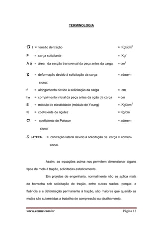 www.cenne.com.br Página 13
TERMINOLOGIA
 t = tensão de tração = Kgf/cm2
P = carga solicitante = Kgf
A O = área da secção transversal da peça antes da carga = cm2
 = deformação devido à solicitação da carga = admen-
sional.
f = alongamento devido à solicitação da carga = cm
l o = comprimento inicial da peça antes da ação da carga = cm
E = módulo de elasticidade (módulo de Young) = Kgf/cm2
K = coeficiente de rigidez = Kg/cm
 = coeficiente de Poisson = admen-
sional
 LATERAL = contração lateral devido à solicitação da carga = admen-
sional.
Assim, as equações acima nos permitem dimensionar alguns
tipos de mola à tração, solicitadas estaticamente.
Em projetos de engenharia, normalmente não se aplica mola
de borracha sob solicitação de tração, entre outras razões, porque, a
fluência e a deformação permanente à tração, são maiores que quando as
molas são submetidas a trabalho de compressão ou cisalhamento.
 
