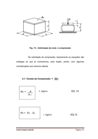 www.cenne.com.br Página 15
Fig. 13 – Solicitação da mola à compressão
Na solicitação de compressão, basicamente as equações são
análogas as que já conhecemos, para tração, porém, com algumas
considerações que veremos adiante
5.1. Tensão de Compressão = “c“
= Kgf/cm EQ. 12
= Kgf/cm EQ.13
c = P .
A o
c = Ec . c
 