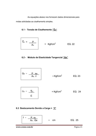 www.cenne.com.br Página 21
As equações abaixo nos fornecem dados dimensionais para
molas solicitadas ao cisalhamento simples.
6.1 - Tensão de Cisalhemento “c“
= Kgf/cm2
EQ. 22
6.2 - Módulo de Elasticidade Tangencial “Ge”
= Kgf/cm2
EQ. 23
= Kgf/cm2
EQ. 24
6.3 Deslocamento Devido a Carga = “f”
= cm EQ. 25
c = P .
Ao
Ge = P . eo .
Ao . f
f = P. eo .
Ao . Ge
Ge = c .

 