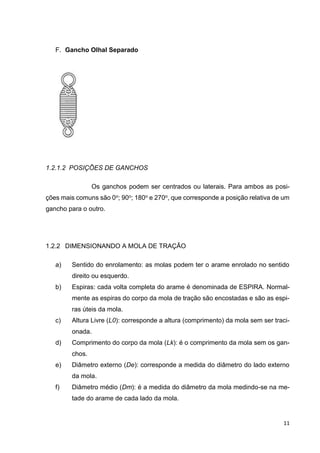 11
F. Gancho Olhal Separado
1.2.1.2 POSIÇÕES DE GANCHOS
Os ganchos podem ser centrados ou laterais. Para ambos as posi-
ções mais comuns são 0o; 90o; 180o e 270o, que corresponde a posição relativa de um
gancho para o outro.
1.2.2 DIMENSIONANDO A MOLA DE TRAÇÃO
a) Sentido do enrolamento: as molas podem ter o arame enrolado no sentido
direito ou esquerdo.
b) Espiras: cada volta completa do arame é denominada de ESPIRA. Normal-
mente as espiras do corpo da mola de tração são encostadas e são as espi-
ras úteis da mola.
c) Altura Livre (L0): corresponde a altura (comprimento) da mola sem ser traci-
onada.
d) Comprimento do corpo da mola (Lk): é o comprimento da mola sem os gan-
chos.
e) Diâmetro externo (De): corresponde a medida do diâmetro do lado externo
da mola.
f) Diâmetro médio (Dm): é a medida do diâmetro da mola medindo-se na me-
tade do arame de cada lado da mola.
 