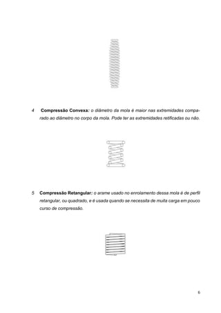 6
4 Compressão Convexa: o diâmetro da mola é maior nas extremidades compa-
rado ao diâmetro no corpo da mola. Pode ter as extremidades retificadas ou não.
5 Compressão Retangular: o arame usado no enrolamento dessa mola é de perfil
retangular, ou quadrado, e é usada quando se necessita de muita carga em pouco
curso de compressão.
 