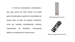 A mola de compressão é considerada o
tipo mais comum de mola. Possui uma ampla
gama de aplicações e podem ser encontradas em
quase todos os tipos de produtos mecânicos,
como por exemplo amortecedores, válvulas,
componentes de fechadura, interruptores
elétricos, compressores e muitos outros.
Mola da fechadura Land ®
Mola da suspensão do Ford F35
 