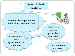 Uma dada massa ou volume de
substância está associada a
números(extremamente
grandes!) das entidades a
constituem.....
Para expressar
essas
quantidades, os
químicos...
Quantidade de
matéria
Essas entidades podem ser
moléculas, átomos ou íons
definiram a
grandeza:
quantidade
de matéria
Cuja unidade
é o MOL
 