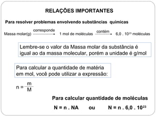 RELAÇÕES IMPORTANTES
Para resolver problemas envolvendo substâncias químicas
Massa molar(g) 1 mol de moléculas 6,0 . 1023
moléculas
corresponde contém
Lembre-se o valor da Massa molar da substância é
igual ao da massa molecular, porém a unidade é g/mol
Para calcular a quantidade de matéria
em mol, você pode utilizar a expressão:
n =
m
M
Para calcular quantidade de moléculas
N = n . NA ou N = n . 6,0 . 1023
 