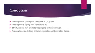 Conclusion
 Transcription in prokaryotes takes place in cytoplasm.
 Transcription is coping gene from dna to rna
 Structural gene have promotor ,coding,and termination region.
 Transcription have 3 steps—intiation ,elongation and termination stages .
 