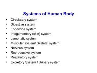 Systems of Human Body
•   Circulatory system
•   Digestive system
•   Endocrine system
•   Integumentary (skin) system
•   Lymphatic system
•   Muscular system/ Skeletal system
•   Nervous system
•   Reproductive system
•   Respiratory system
•   Excretory System / Urinary system
 