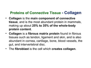 Proteins of Connective Tissue - Collagen
• Collagen is the main component of connective
  tissue, and is the most abundant protein in mammals,
  making up about 25% to 35% of the whole-body
  protein content.
• Collagen is a fibrous matrix protein found in fibrous
  tissues such as tendon, ligament and skin, and is also
  abundant in cornea, cartilage, bone, blood vessels, the
  gut, and intervertebral disc.
• The fibroblast is the cell which creates collagen.
 