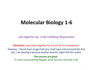 Molecular Biology 1-6

          put together by: Linda Fahlberg-Stojanovska

     Disclaimer: I put these together for my kid for his smartphone.
However, I found most images had very small type and increased the font
  size. I am posting it because another teacher might find this useful.
                         The sources are given.
      If I have used anything illegally, write me and I will take it off.

                                                                            1
 