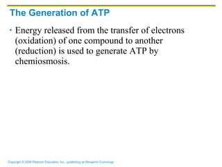 The Generation of ATP Energy released from the transfer of electrons (oxidation) of one compound to another (reduction) is used to generate ATP by chemiosmosis. 