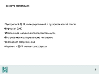 II de novo  метиляция  Чужеродной ДНК, интегрированной в эукариотический геном Вирусная ДНК Измененная нативная последовательность В случае манипуляции генома человеком В процессе эмбриогенеза Фермент – ДНК метил-трансфераза 