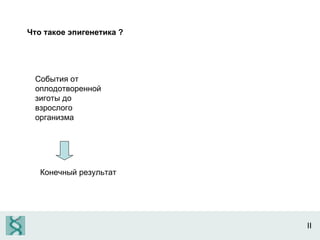 II Что такое эпигенетика  ?  События от оплодотворенной зиготы до взрослого организма Конечный результат 