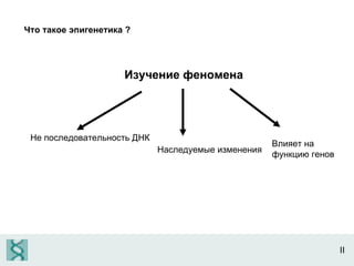 II Что такое эпигенетика  ?  Изучение феномена Не последовательность ДНК Влияет на функцию генов Наследуемые изменения 