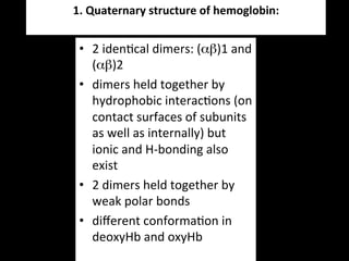 1.	
  Quaternary	
  structure	
  of	
  hemoglobin:	
  
                         	
  
 •  2	
  iden.cal	
  dimers:	
  (αβ)1	
  and	
  
    (αβ)2	
  
 •  dimers	
  held	
  together	
  by	
  
    hydrophobic	
  interac.ons	
  (on	
  
    contact	
  surfaces	
  of	
  subunits	
  
    as	
  well	
  as	
  internally)	
  but	
  
    ionic	
  and	
  H-­‐bonding	
  also	
  
    exist	
  	
  
 •  2	
  dimers	
  held	
  together	
  by	
  
    weak	
  polar	
  bonds	
  	
  
 •  diﬀerent	
  conforma.on	
  in	
  
    deoxyHb	
  and	
  oxyHb	
  
 