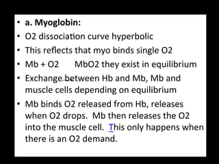 •  a.	
  Myoglobin:	
  
•  O2	
  dissocia.on	
  curve	
  hyperbolic	
  
•  This	
  reﬂects	
  that	
  myo	
  binds	
  single	
  O2	
  
•  Mb	
  +	
  O2	
  	
  	
  	
  	
  	
  	
  MbO2	
  they	
  exist	
  in	
  equilibrium	
  
•  Exchange	
  between	
  Hb	
  and	
  Mb,	
  Mb	
  and	
  
   muscle	
  cells	
  depending	
  on	
  equilibrium	
  
•  Mb	
  binds	
  O2	
  released	
  from	
  Hb,	
  releases	
  
   when	
  O2	
  drops.	
  	
  Mb	
  then	
  releases	
  the	
  O2	
  
   into	
  the	
  muscle	
  cell.	
  	
  This	
  only	
  happens	
  when	
  
   there	
  is	
  an	
  O2	
  demand.	
  
 