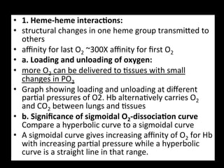 •  1.	
  Heme-­‐heme	
  interac9ons:	
  
•  structural	
  changes	
  in	
  one	
  heme	
  group	
  transmiHed	
  to	
  
   others	
  
•  aﬃnity	
  for	
  last	
  O2	
  ~300X	
  aﬃnity	
  for	
  ﬁrst	
  O2	
  
•  a.	
  Loading	
  and	
  unloading	
  of	
  oxygen:	
  
•  more	
  O2	
  can	
  be	
  delivered	
  to	
  .ssues	
  with	
  small	
  
   changes	
  in	
  PO2	
  
•  Graph	
  showing	
  loading	
  and	
  unloading	
  at	
  diﬀerent	
  
   par.al	
  pressures	
  of	
  O2.	
  Hb	
  alterna.vely	
  carries	
  O2	
  
   and	
  CO2	
  between	
  lungs	
  and	
  .ssues	
  	
  
•  b.	
  Signiﬁcance	
  of	
  sigmoidal	
  O2-­‐dissocia9on	
  curve	
  
   Compare	
  a	
  hyperbolic	
  curve	
  to	
  a	
  sigmoidal	
  curve	
  
•  A	
  sigmoidal	
  curve	
  gives	
  increasing	
  aﬃnity	
  of	
  O2	
  for	
  Hb	
  
   with	
  increasing	
  par.al	
  pressure	
  while	
  a	
  hyperbolic	
  
   curve	
  is	
  a	
  straight	
  line	
  in	
  that	
  range.	
  
 