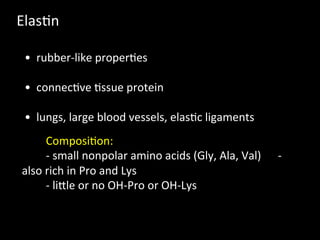 Elas.n	
  

 • 	
  	
  rubber-­‐like	
  proper.es	
  

 • 	
  	
  connec.ve	
  .ssue	
  protein	
  

 • 	
  	
  lungs,	
  large	
  blood	
  vessels,	
  elas.c	
  ligaments	
  
      	
  Composi.on:	
  	
  	
  
      	
  -­‐	
  small	
  nonpolar	
  amino	
  acids	
  (Gly,	
  Ala,	
  Val)	
  	
   	
  -­‐	
  
 also	
  rich	
  in	
  Pro	
  and	
  Lys	
  
      	
  -­‐	
  liHle	
  or	
  no	
  OH-­‐Pro	
  or	
  OH-­‐Lys	
  	
  
 