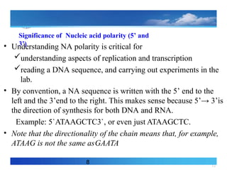 12
Significance of Nucleic acid polarity (5’ and
3’)
• Understanding NA polarity is critical for
understanding aspects of replication and transcription
reading a DNA sequence, and carrying out experiments in the
lab.
• By convention, a NA sequence is written with the 5’ end to the
left and the 3’end to the right. This makes sense because 5’→ 3’is
the direction of synthesis for both DNA and RNA.
Example: 5`ATAAGCTC3`, or even just ATAAGCTC.
• Note that the directionality of the chain means that, for example,
ATAAG is not the same asGAATA
8
 