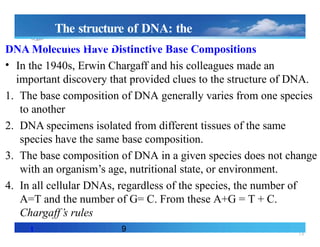 14
DNA Molecules Have Distinctive Base Compositions
• In the 1940s, Erwin Chargaff and his colleagues made an
important discovery that provided clues to the structure of DNA.
1. The base composition of DNA generally varies from one species
to another
2. DNA specimens isolated from different tissues of the same
species have the same base composition.
3. The base composition of DNA in a given species does not change
with an organism’s age, nutritional state, or environment.
4. In all cellular DNAs, regardless of the species, the number of
A=T and the number of G= C. From these A+G = T + C.
Chargaff’s rules
t 9
The structure of DNA: the
doublehelix
 