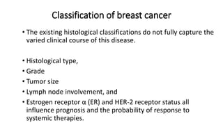 Classification of breast cancer
• The existing histological classifications do not fully capture the
varied clinical course of this disease.
• Histological type,
• Grade
• Tumor size
• Lymph node involvement, and
• Estrogen receptor α (ER) and HER-2 receptor status all
influence prognosis and the probability of response to
systemic therapies.
 