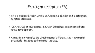 Estrogen receptor (ER)
• ER is a nuclear protein with 1 DNA-binding domain and 2 activation
function domains.
• 65% to 75% of IBCs express ER, with ER being a major contributor
to its development.
• Clinically, ER +ve IBCs are usually better differentiated - favorable
prognosis - respond to hormonal therapy.
 