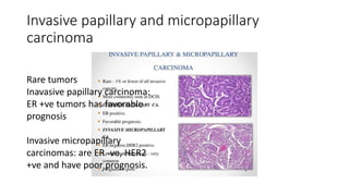 Invasive papillary and micropapillary
carcinoma
Rare tumors
Inavasive papillary carcinoma:
ER +ve tumors has favorable
prognosis
Invasive micropapillary
carcinomas: are ER -ve, HER2
+ve and have poor prognosis.
 