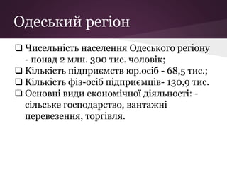 Одеський регіон
❏ Чисельність населення Одеського регіону
- понад 2 млн. 300 тис. чоловік;
❏ Кількість підприємств юр.осіб - 68,5 тис.;
❏ Кількість фіз-осіб підприємців- 130,9 тис.
❏ Основні види економічної діяльності: -
сільське господарство, вантажні
перевезення, торгівля.
 