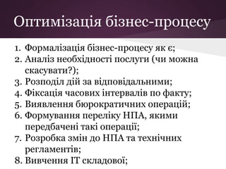 Оптимізація бізнес-процесу
1. Формалізація бізнес-процесу як є;
2. Аналіз необхідності послуги (чи можна
скасувати?);
3. Розподіл дій за відповідальними;
4. Фіксація часових інтервалів по факту;
5. Виявлення бюрократичних операцій;
6. Формування переліку НПА, якими
передбачені такі операції;
7. Розробка змін до НПА та технічних
регламентів;
8. Вивчення ІТ складової;
 