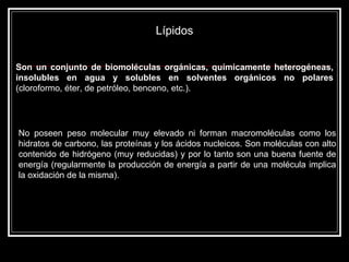 Son un conjunto de biomoléculas orgánicas, químicamente heterogéneas, insolubles en agua y solubles en solventes orgánicos no polares  (cloroformo, éter, de petróleo, benceno, etc.).  Lípidos No poseen peso molecular muy elevado ni forman macromoléculas como los hidratos de carbono, las proteínas y los ácidos nucleicos. Son moléculas con alto contenido de hidrógeno (muy reducidas) y por lo tanto son una buena fuente de energía (regularmente la producción de energía a partir de una molécula implica la oxidación de la misma). 