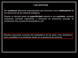 Las enzimas  Son  proteínas  altamente especializadas que funcionan como  catalizadores  de las reacciones de los sistemas biológicos.  Poseen un elevado grado de  especificidad  respecto a sus  sustratos , aceleran reacciones químicas específicas y funcionan en soluciones acuosas en condiciones muy suaves de temperatura y pH.  Muchas reacciones comunes del metabolismo de los seres vivos resultarían poco probables en el ambiente celular sin la presencia de enzimas.  