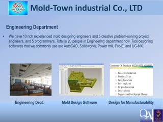 5
Mold-Town industrial Co., LTD
Engineering Department
• We have 10 rich experienced mold designing engineers and 5 creative problem-solving project
engineers, and 5 programmers. Total is 20 people in Engineering department now. Tool designing
softwares that we commonly use are AutoCAD, Solidworks, Power mill, Pro-E, and UG-NX.
Engineering Dept. Mold Design Software Design for Manufacturability
 