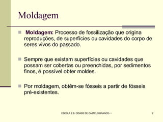 Moldagem Moldagem:  Processo de fossilização que origina reproduções, de superfícies ou cavidades do corpo de   seres vivos do passado.   Sempre que existam superfícies ou cavidades que possam ser cobertas ou preenchidas, por sedimentos finos, é possível obter moldes.  Por moldagem, obtêm-se fósseis a partir de fósseis pré-existentes.  