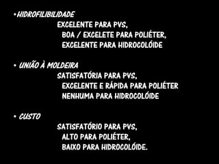 •HIDROFILIBILIDADE
              EXCELENTE PARA PVS,
               BOA / EXCELETE PARA POLIÉTER,
               EXCELENTE PARA HIDROCOLÓIDE

• UNIÃO À MOLDEIRA
            SATISFATÓRIA PARA PVS,
              EXCELENTE E RÁPIDA PARA POLIÉTER
              NENHUMA PARA HIDROCOLÓIDE

• CUSTO
            SATISFATÓRIO PARA PVS,
             ALTO PARA POLIÉTER,
             BAIXO PARA HIDROCOLÓIDE.
 