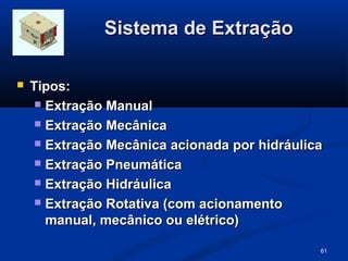 Sistema de Extração

   Tipos:
      Extração Manual

      Extração Mecânica

      Extração Mecânica acionada por hidráulica

      Extração Pneumática

      Extração Hidráulica

      Extração Rotativa (com acionamento
       manual, mecânico ou elétrico)

                                               61
 